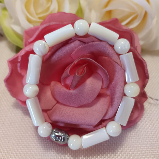 Bracelet nacre 8 mm - Bouddha acier inox - élastique 16 cm