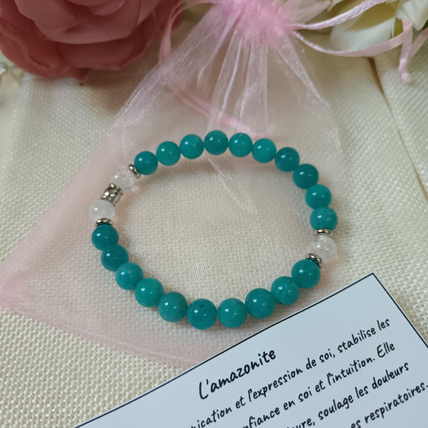 Bracelet amazonite du Pérou - cristal de roche 8 mm - perles acier inox - élastique 18 cm