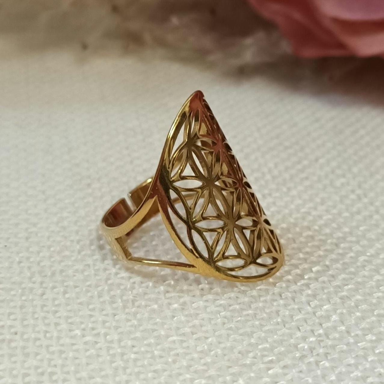 Bague fleur de vie réglable – acier inoxydable doré