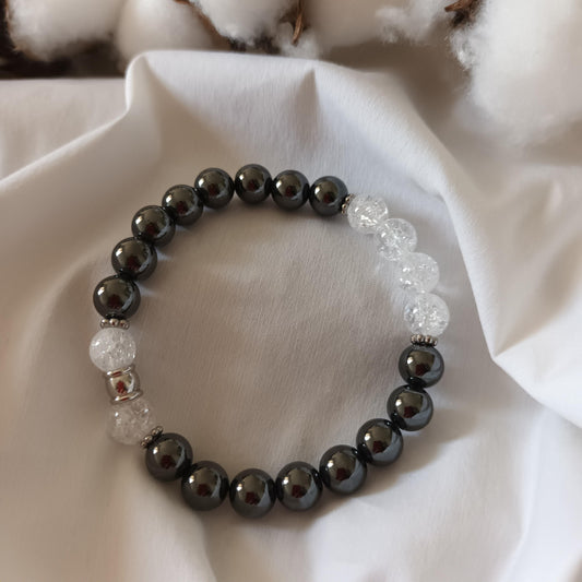 Bracelet Hématite Magnétique et Cristal de Roche – Perles 8 mm – Élastique