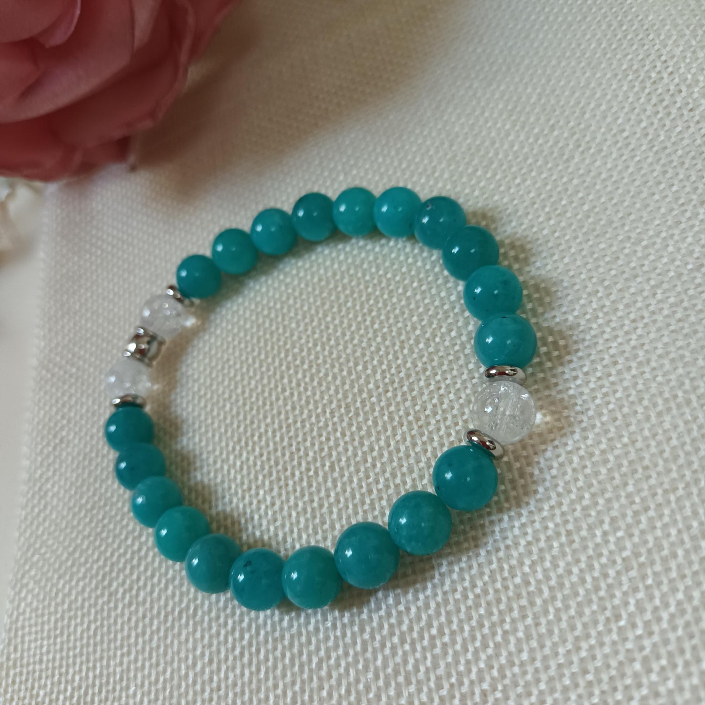 Bracelet amazonite du Pérou - cristal de roche 8 mm - perles acier inox - élastique 18 cm