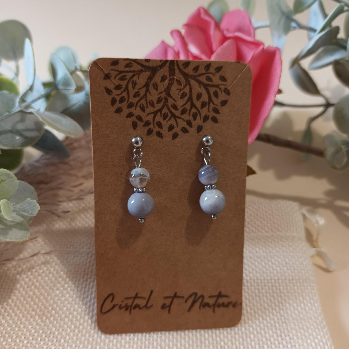 Boucles d’oreilles agate Botswana – acier inox argent – 2,8 × 0,8 cm