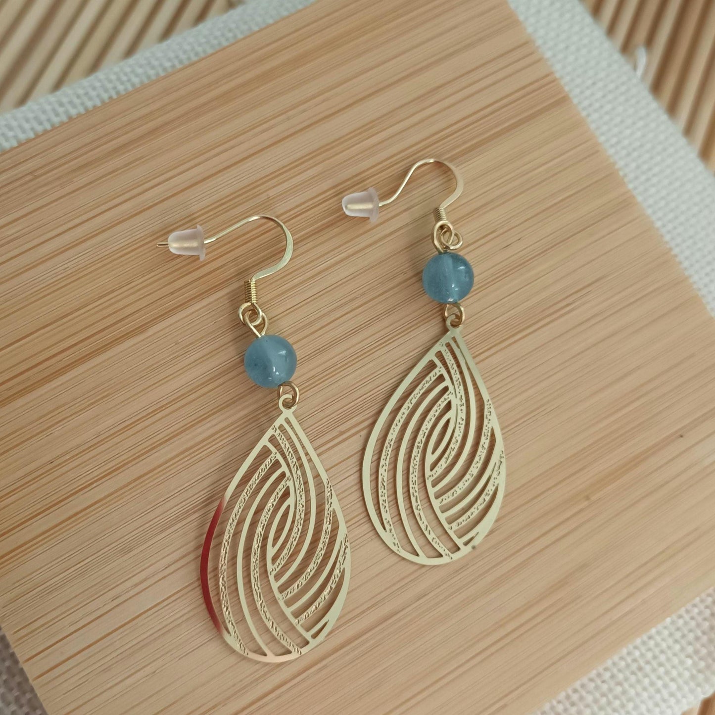 Boucles d’oreilles aigue‑marine – pendantes 5,6 cm – acier inoxydable doré