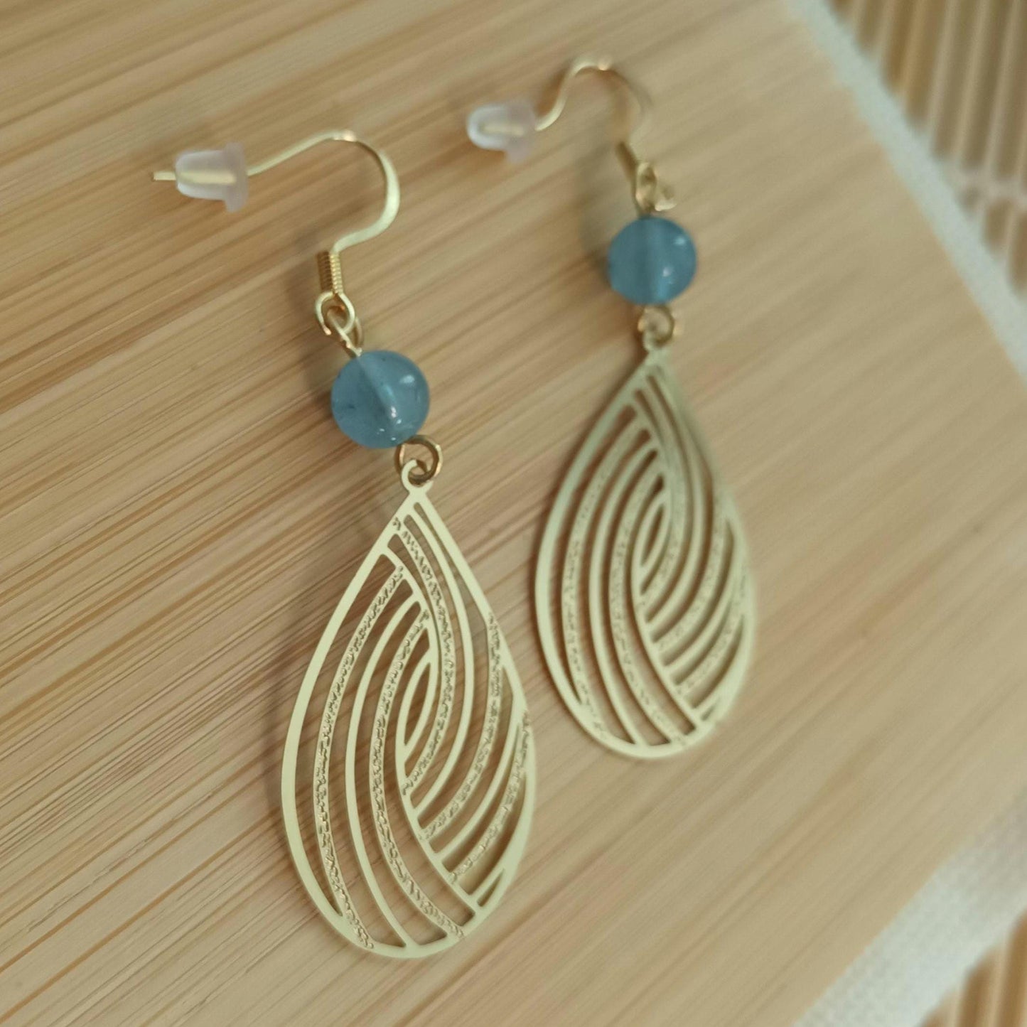 Boucles d’oreilles aigue‑marine – pendantes 5,6 cm – acier inoxydable doré