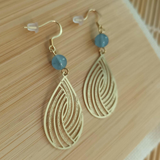 Boucles d’oreilles aigue‑marine – pendantes 5,6 cm – acier inoxydable doré