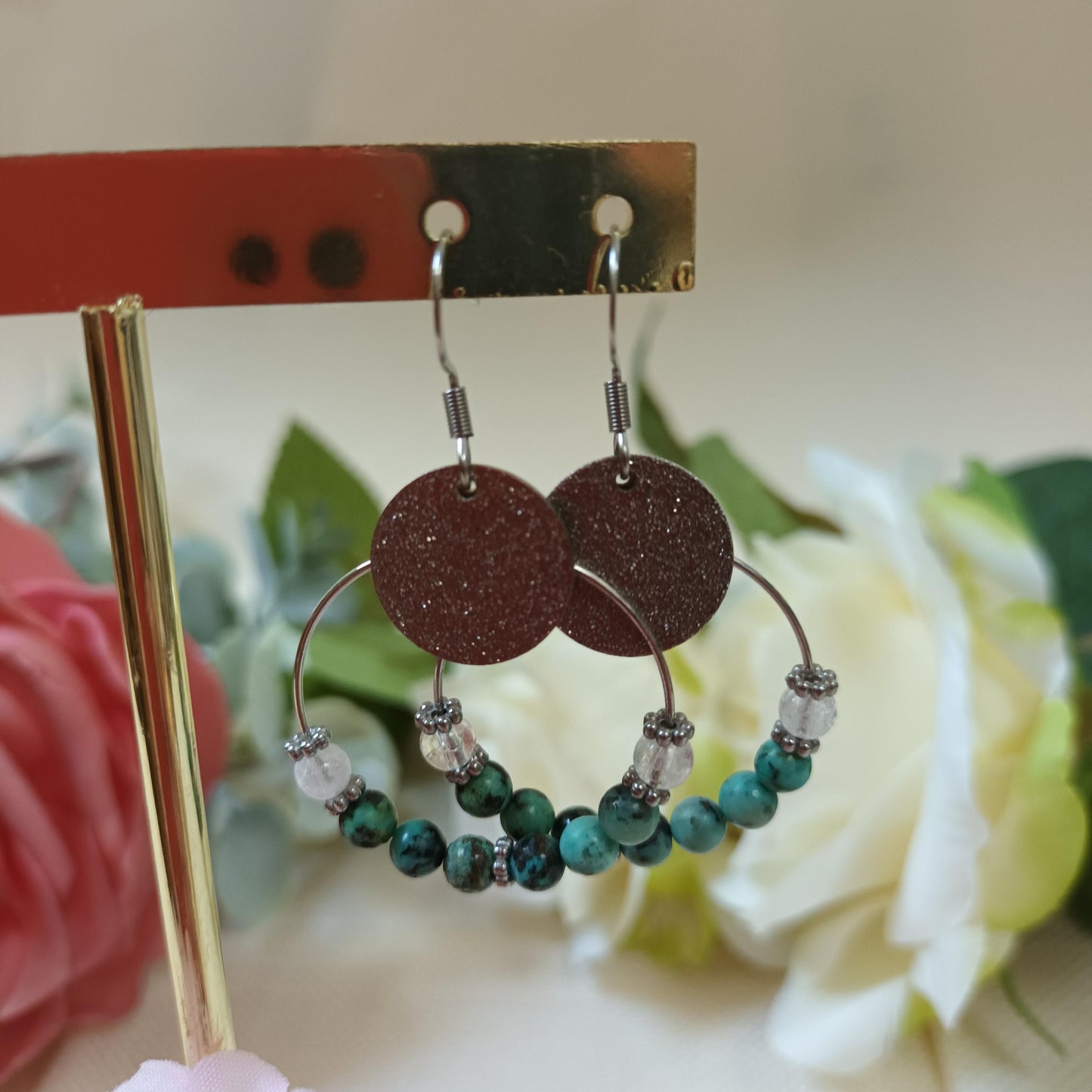 Boucles d’oreilles turquoise d’Afrique & cristal de roche • anneaux • acier inox argent • 5 × 3,5 cm