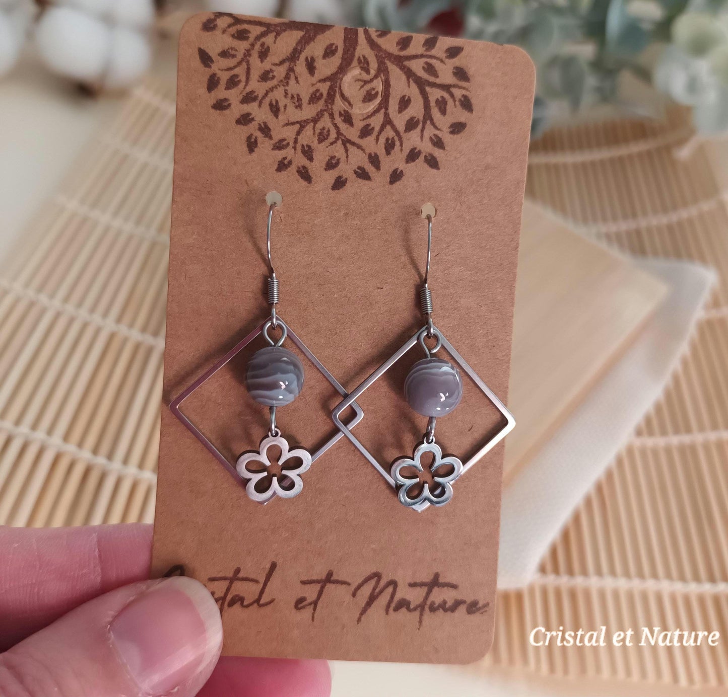 Boucles d’oreilles agate Botswana – acier inox argenté – 4,3 × 2,7 cm