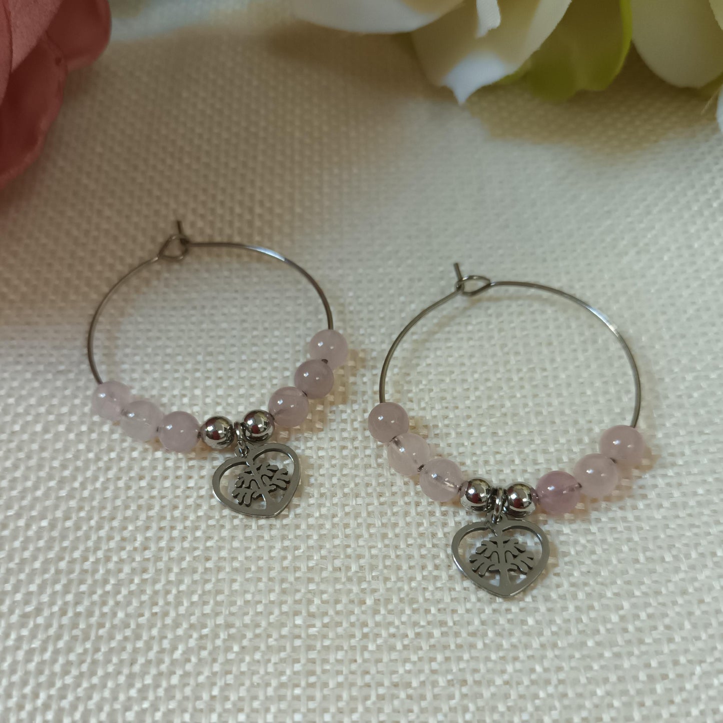 Boucles d’oreilles quartz rose - anneaux - acier inox argent - 4 × 3 cm