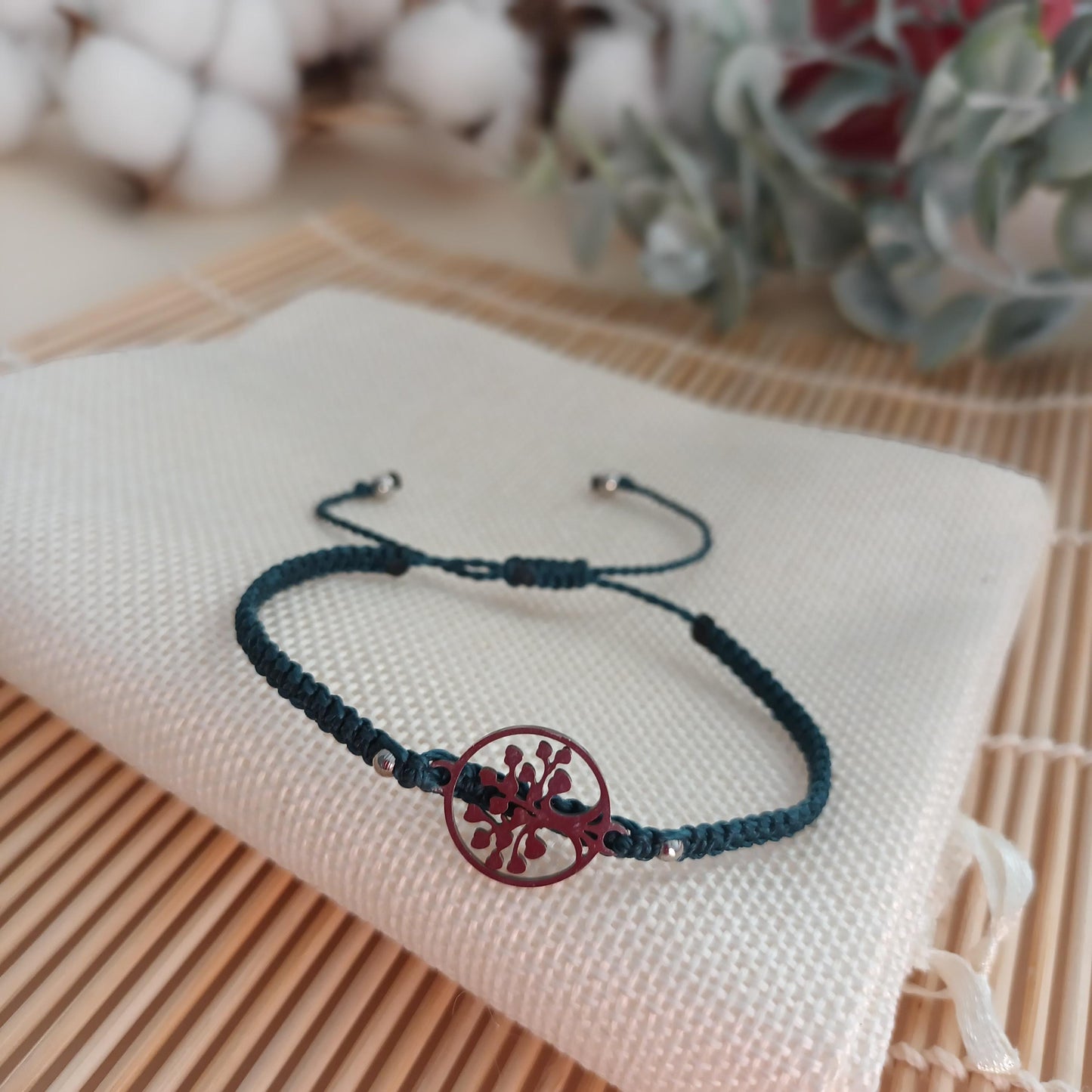Bracelet micro‑macramé arbre de vie argent – perles acier 4 mm – ajustable
