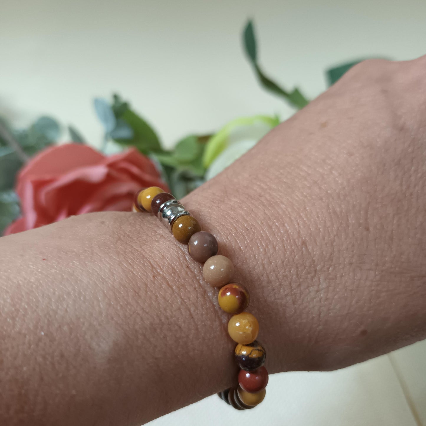 Bracelet jaspe mokaite 6 mm- perle acier inox – élastique