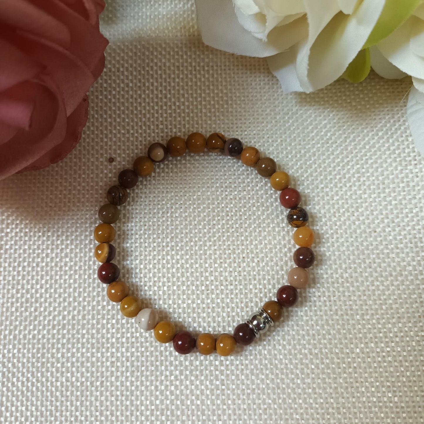 Bracelet jaspe mokaite 6 mm- perle acier inox – élastique