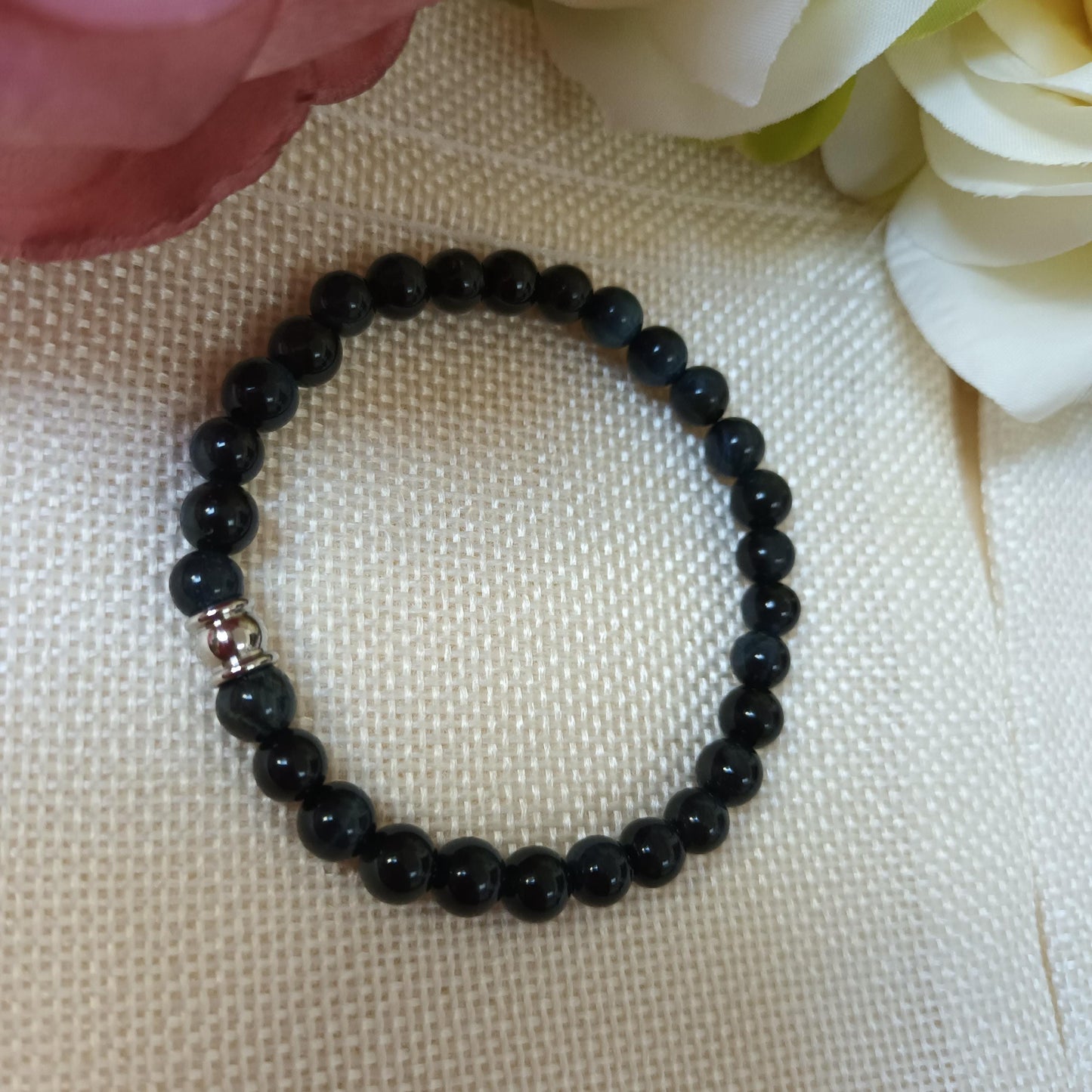 Bracelet œil de faucon 6 mm – perle acier inox – élastique