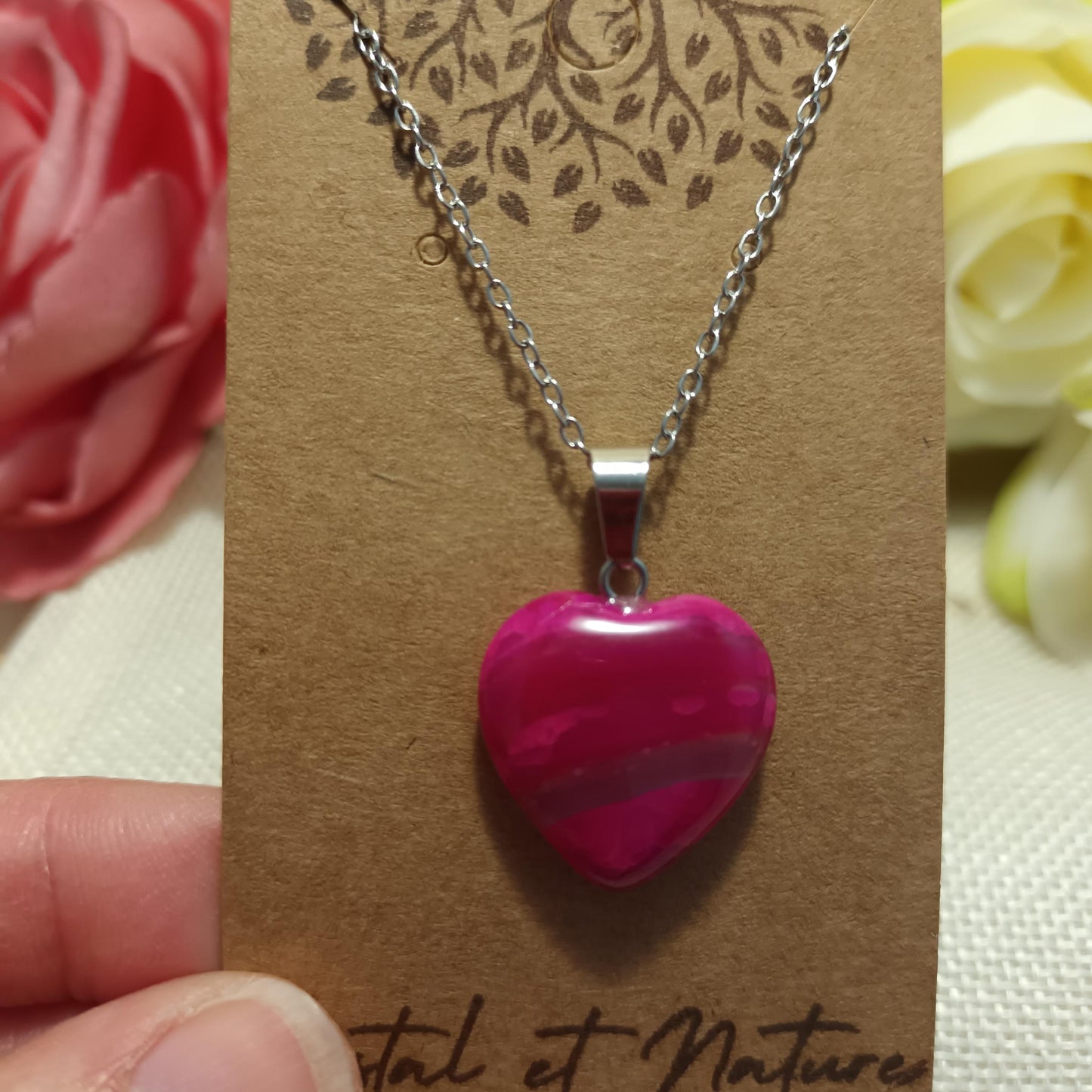 Pendentif cœur agate rose 2 × 2 cm - chaîne acier inox argent