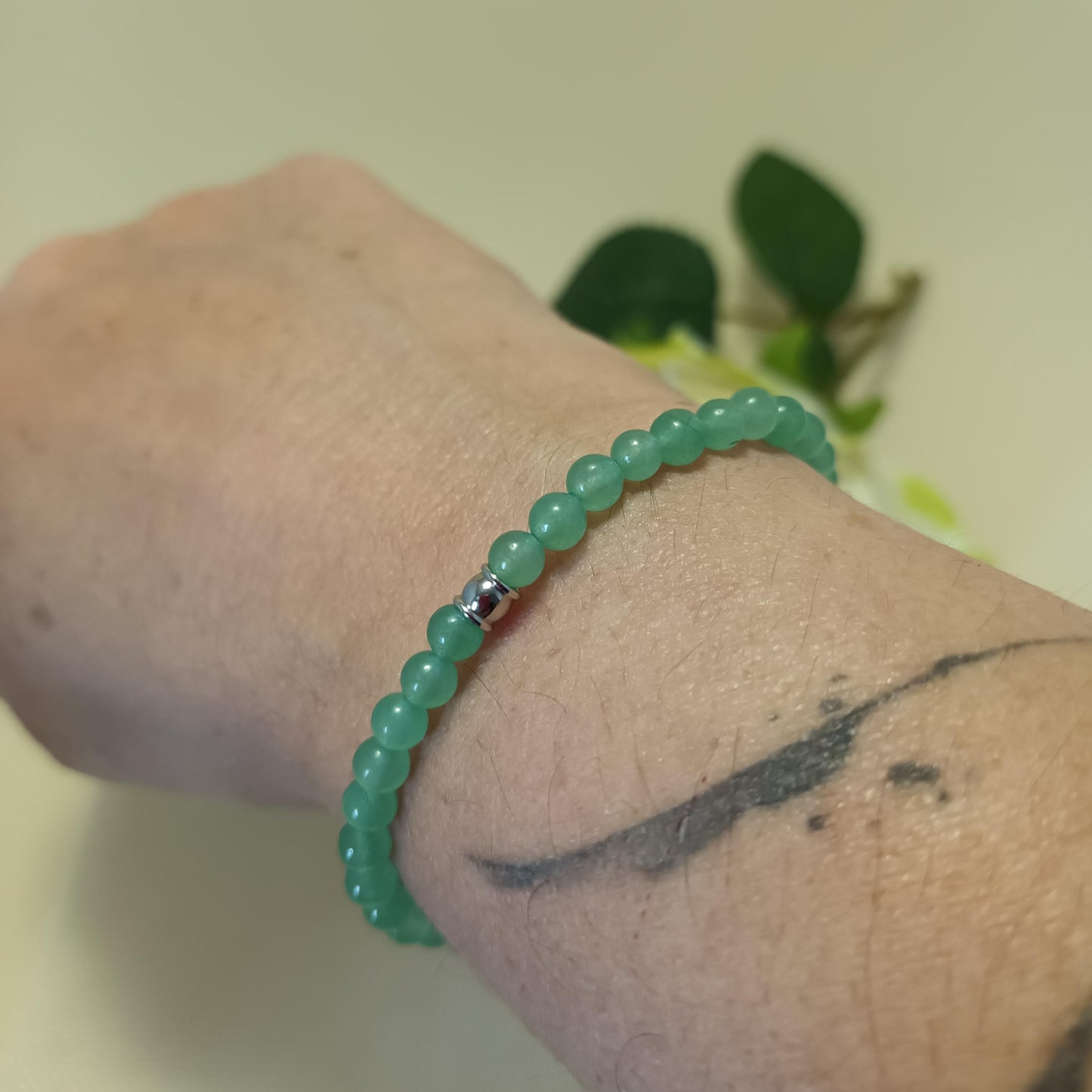 Bracelet aventurine verte 4 mm - perle acier inox – élastique 16 cm