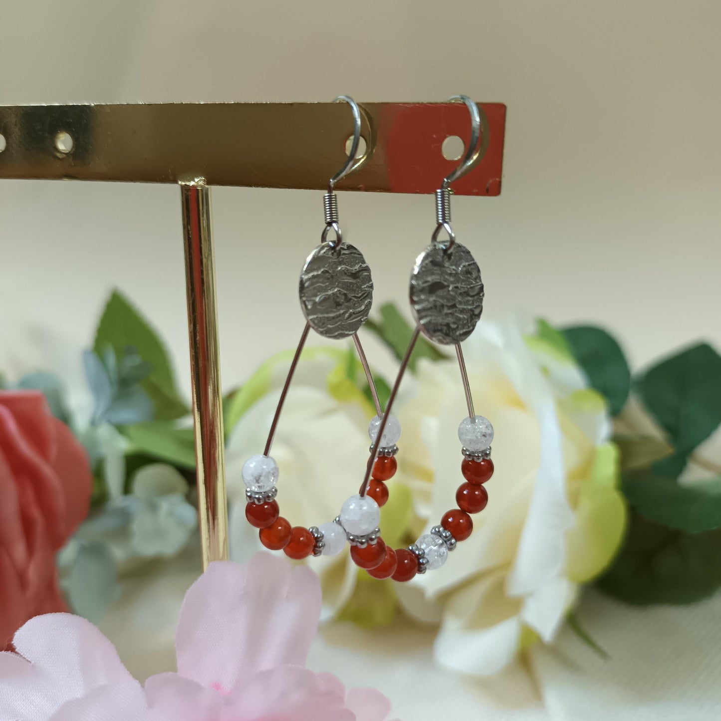 Boucles d’oreilles cornaline et cristal de roche - acier inox argent - 5,8 cm