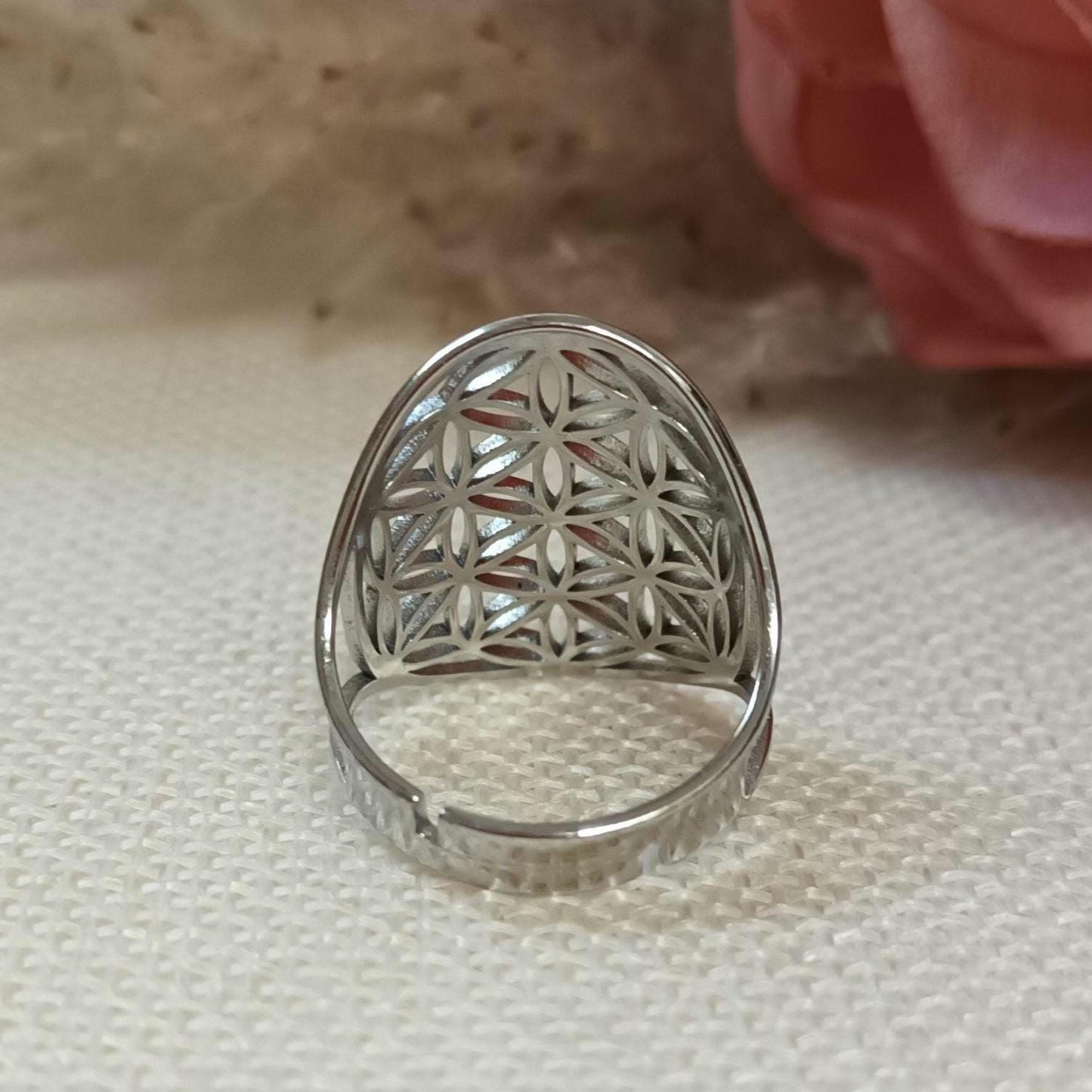 Bague fleur de vie réglable – acier inoxydable argenté