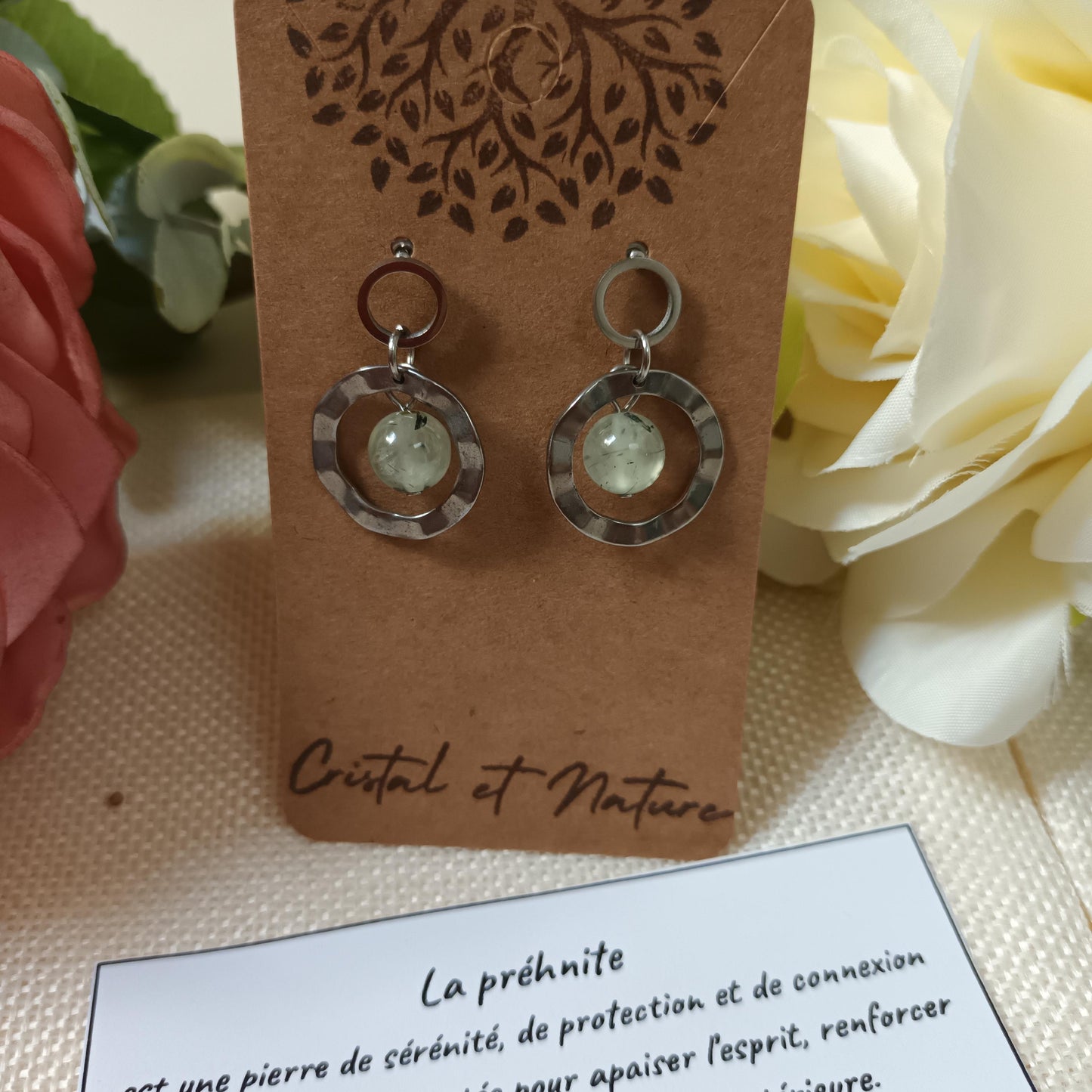 Boucles d’oreilles préhnite et acier inox - 2,8 × 1,8 cm