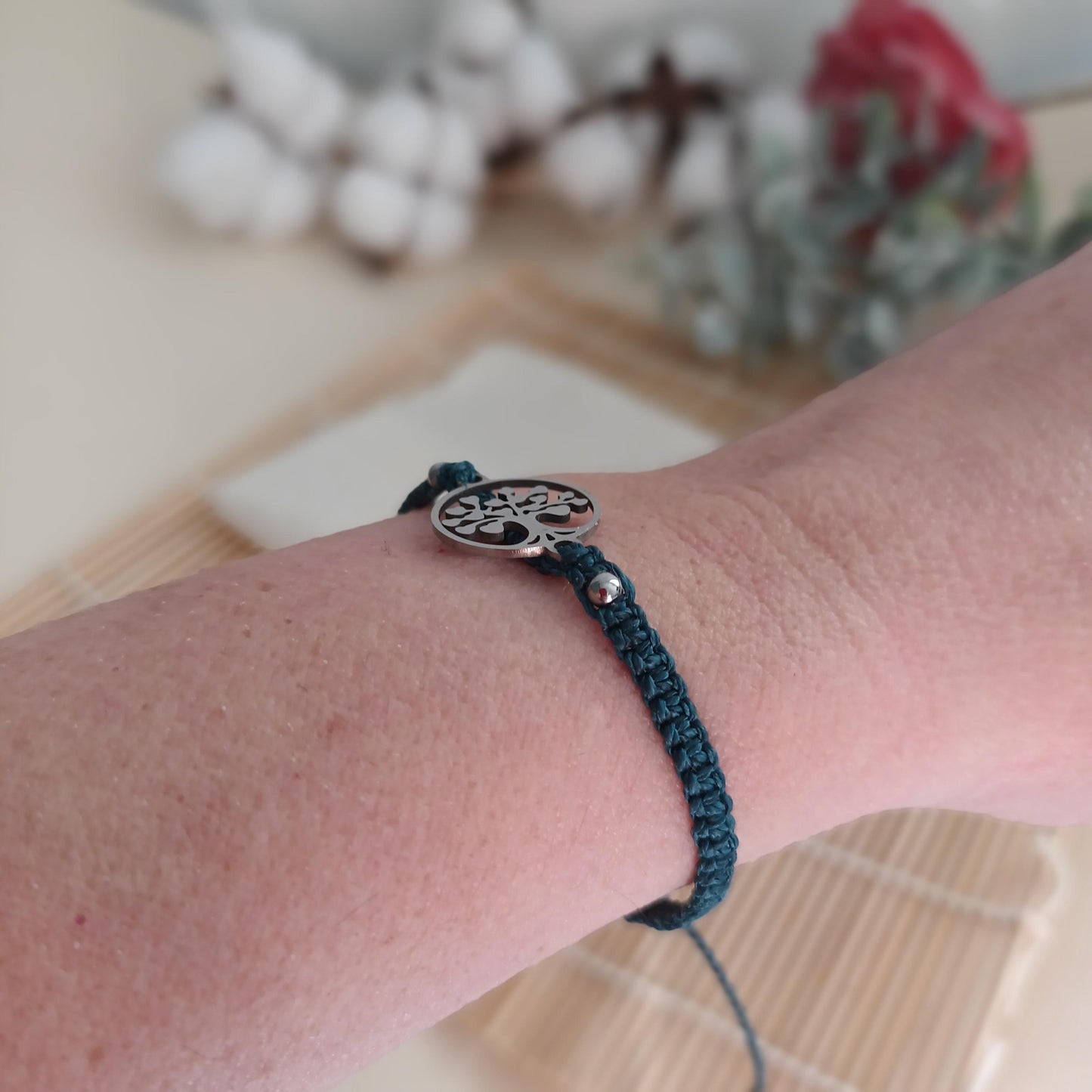 Bracelet micro‑macramé arbre de vie argent – perles acier 4 mm – ajustable