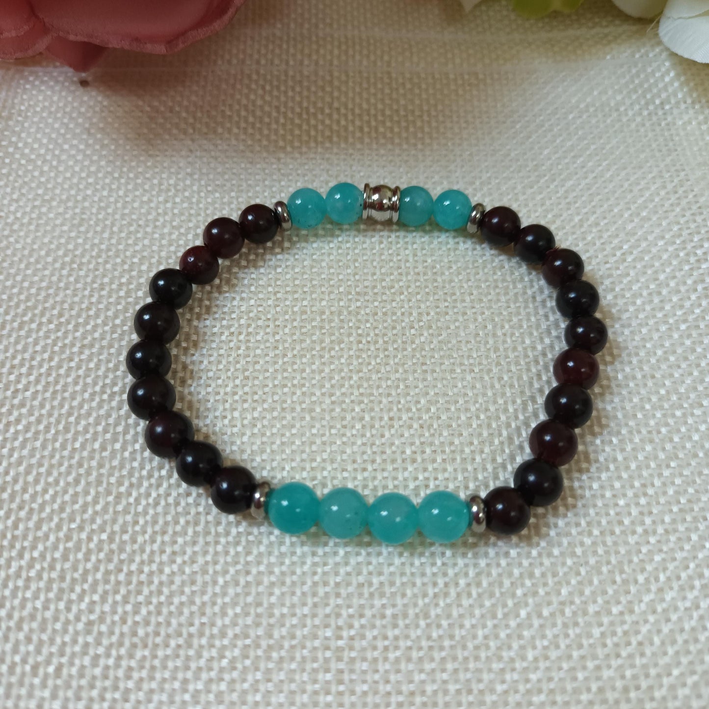 Bracelet bois foncé 6mm - amazonite du Pérou - perles acier inox - élastique