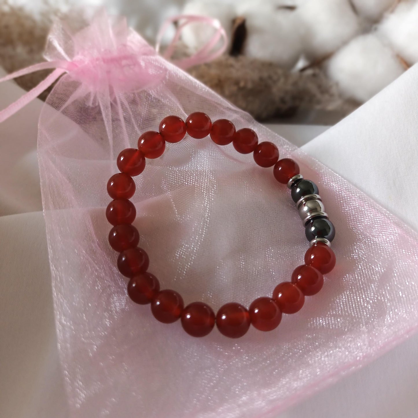 Bracelet cornaline et hématite magnétique perles 8 mm – élastique