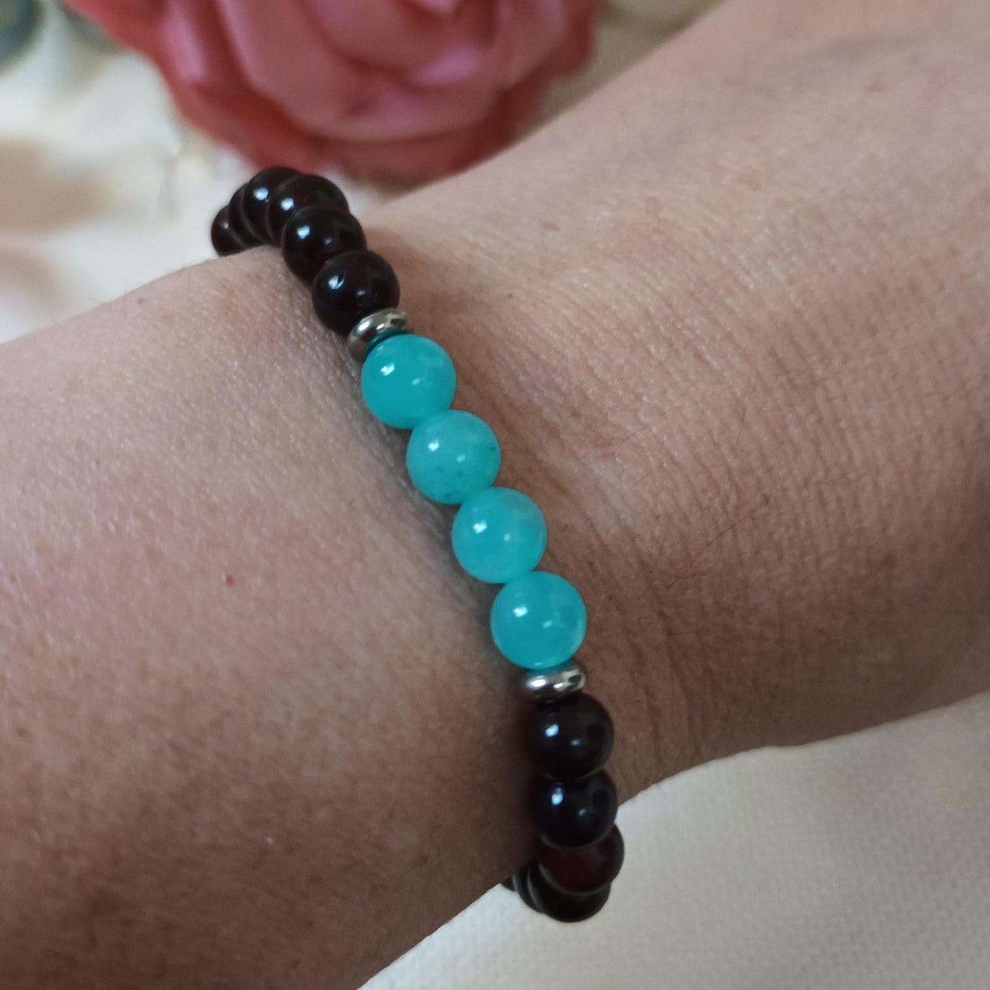 Bracelet bois foncé 6mm - amazonite du Pérou - perles acier inox - élastique