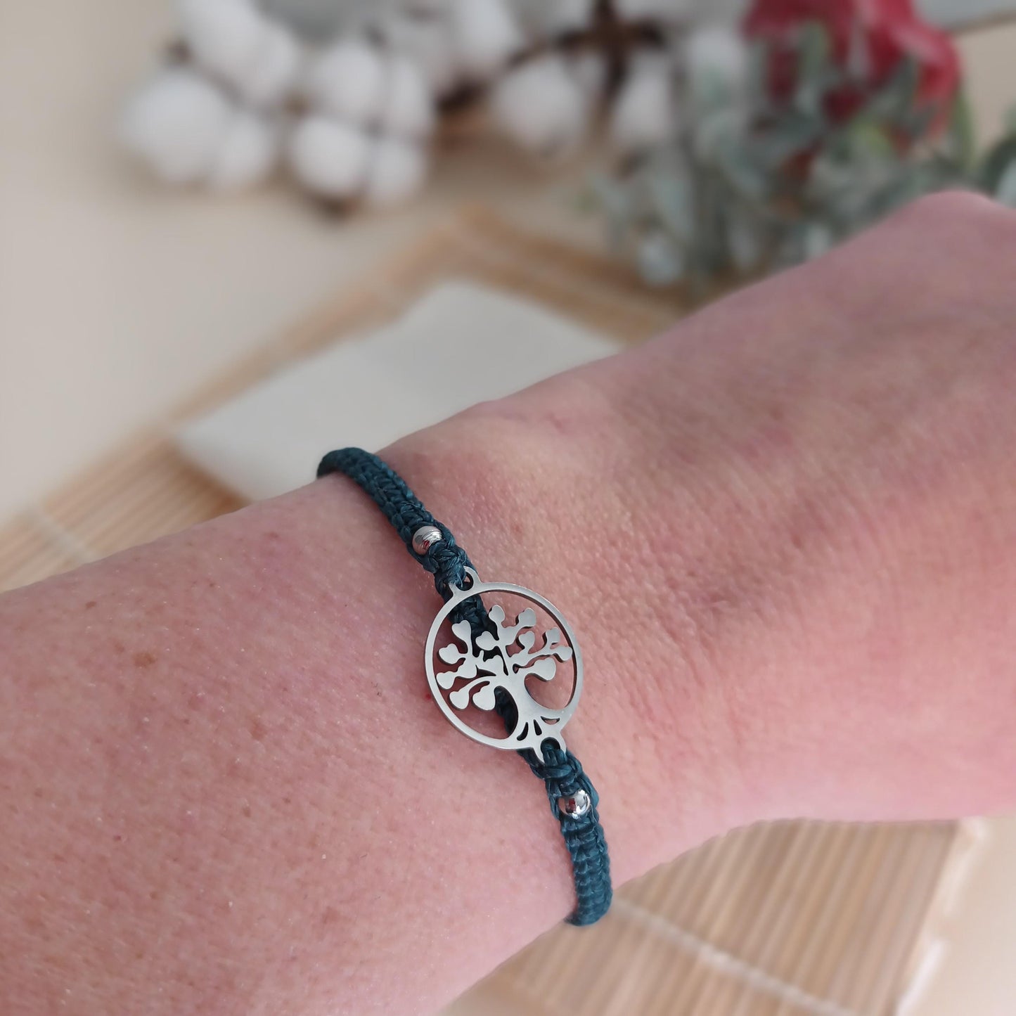 Bracelet micro‑macramé arbre de vie argent – perles acier 4 mm – ajustable