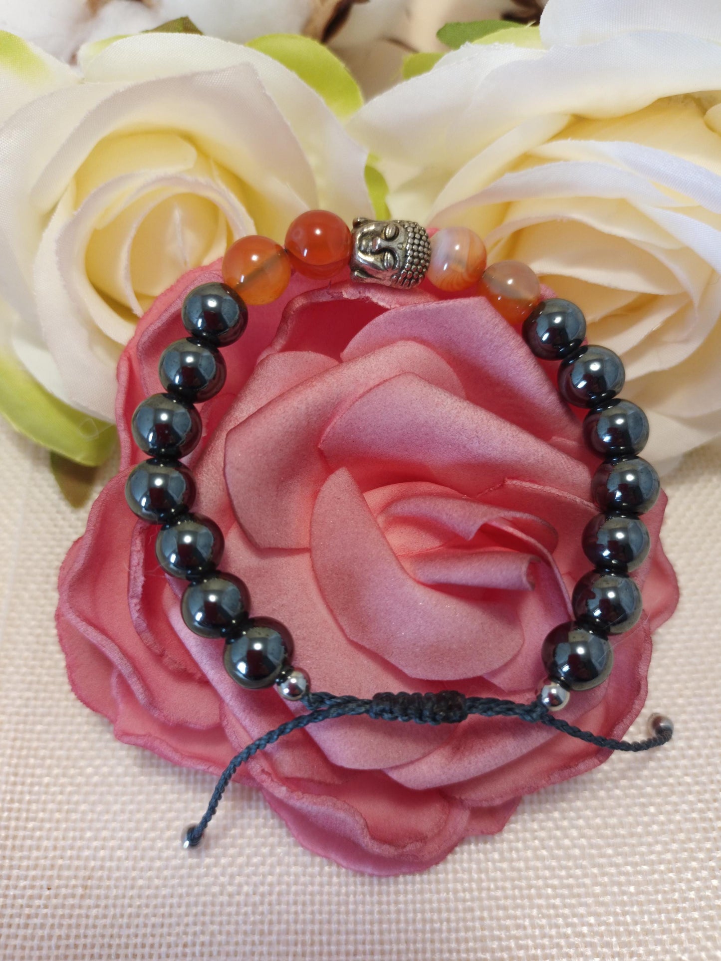 Bracelet hématite et cornaline 8 mm - Bouddha acier inox - ajustable