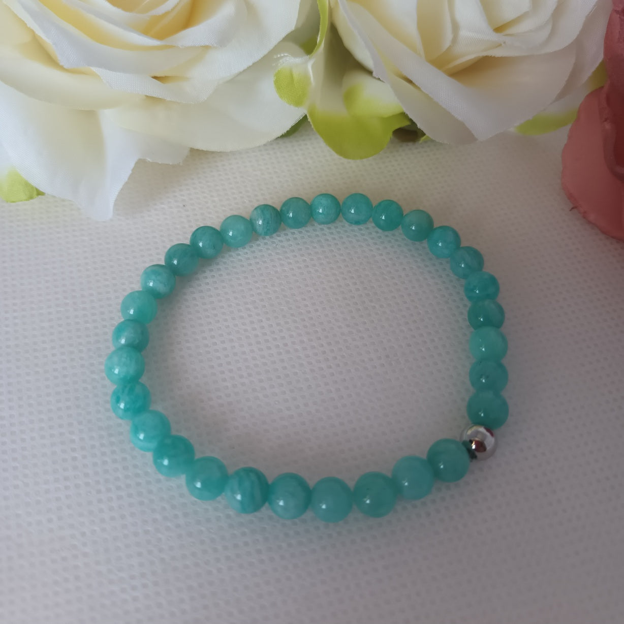 Bracelet amazonite du Pérou 6 mm - perle acier inox - élastique 17 cm