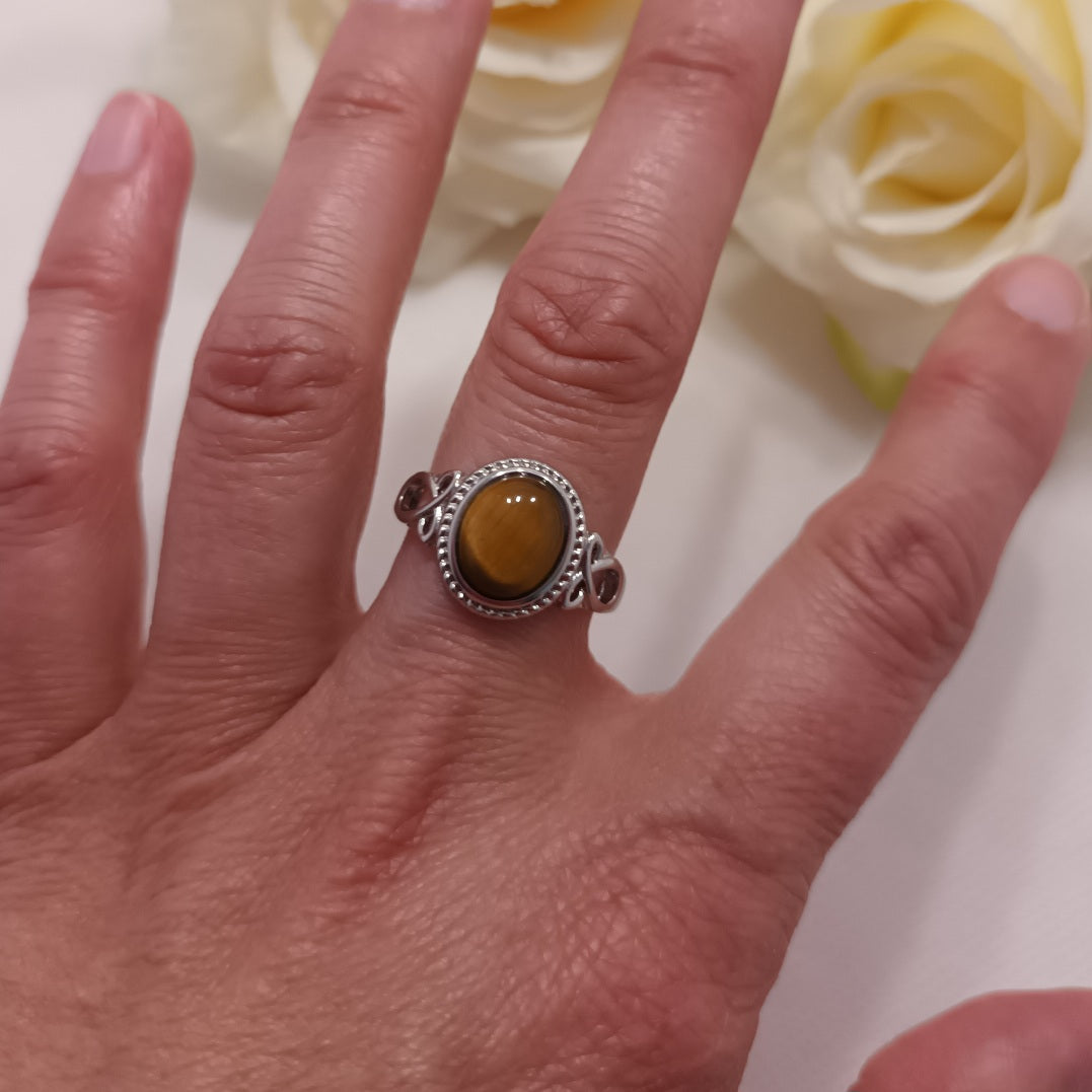 Bague réglable œil de tigre - pierre ovale - laiton rhodié