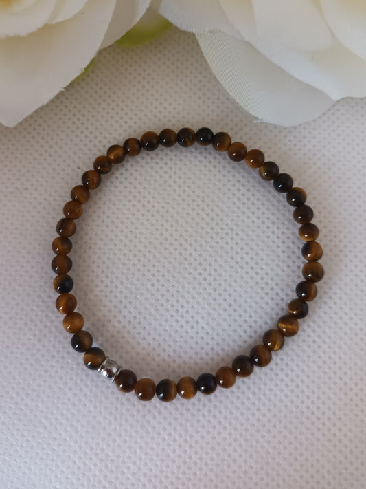 Bracelet œil de tigre 4 mm - perle acier inox - élastique 15 cm
