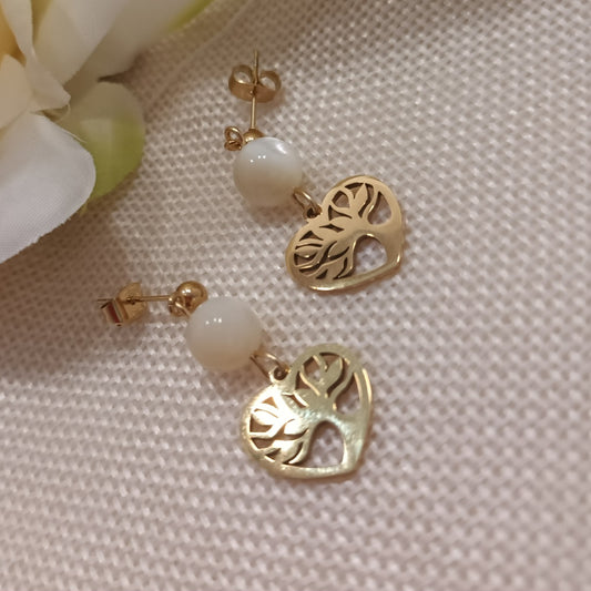 Boucles d’oreilles nacre - motif arbre de vie cœur - acier inoxydable - 3,4 × 1,5 cm