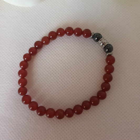 Bracelet cornaline et hématite magnétique 6 mm - perles acier inox - élastique 16 cm
