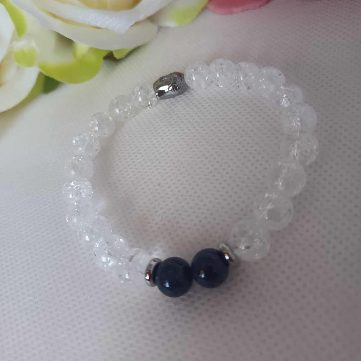 Bracelet cristal de roche et lapis‑lazuli 8 mm - bouddha acier inox - élastique 17 cm