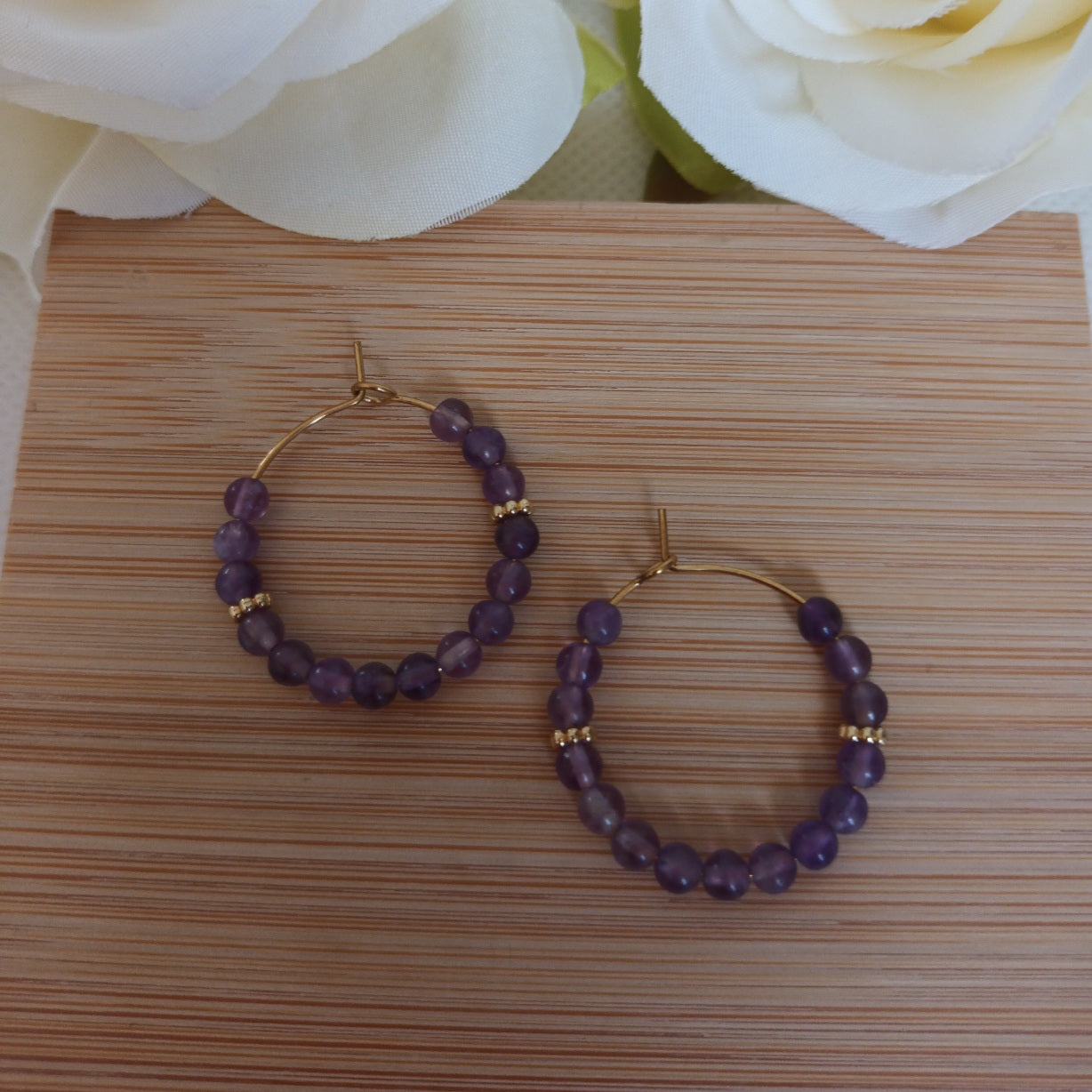 Boucles d’oreilles améthyste - anneaux 2,7 cm - acier inoxydable
