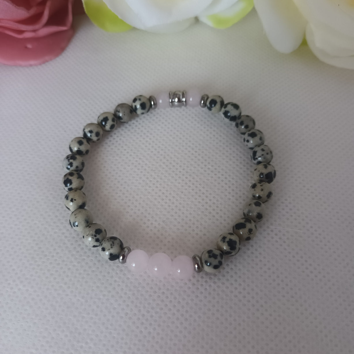 Bracelet jaspe dalmatien et quartz rose 6 mm - perles acier inox - élastique 17 cm