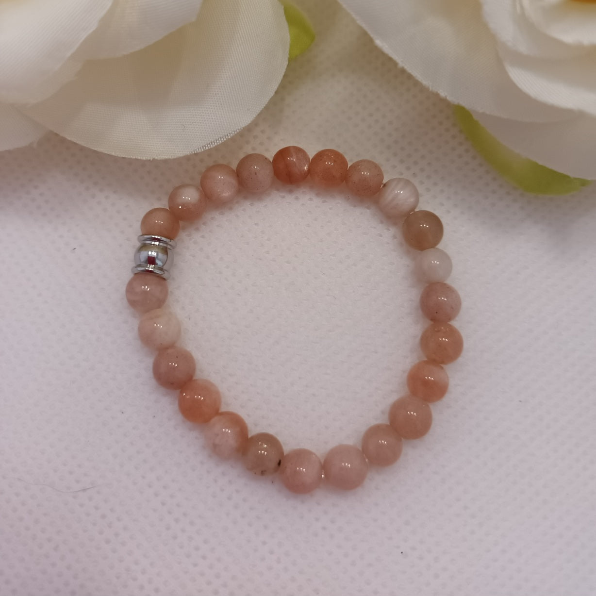 Bracelet pierre de lune rose - perle acier inox - élastique 12 cm - enfant