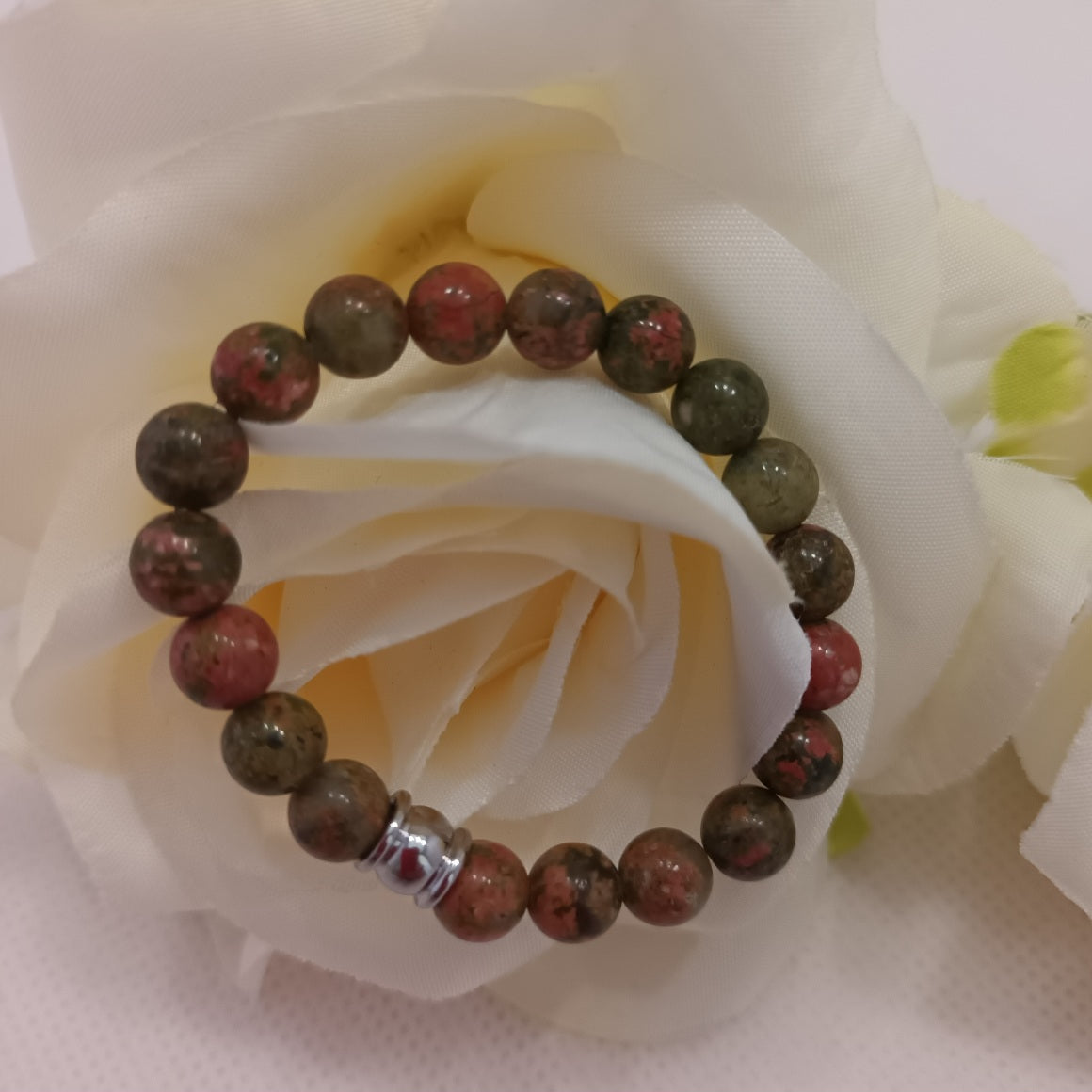 Bracelet unakite 6 mm - perle acier inox - élastique 11 cm - enfant