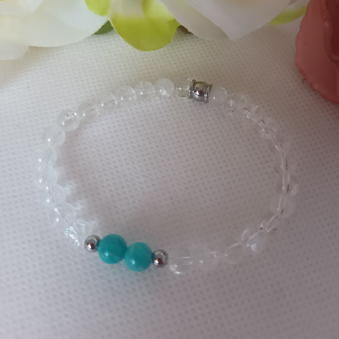 Bracelet cristal de roche et amazonite du Pérou 6 mm - perles acier inox - élastique 15 cm