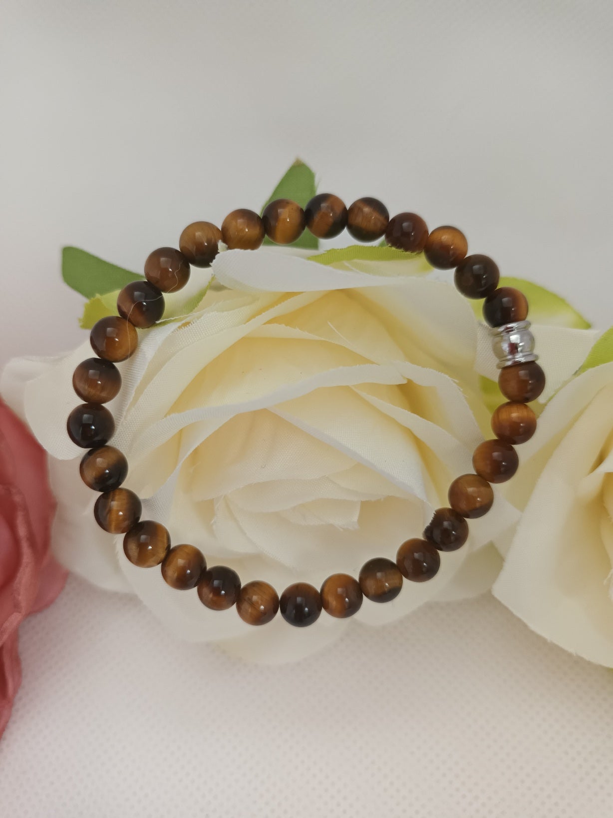 Bracelet œil de tigre 6 mm - perle acier inox - élastique