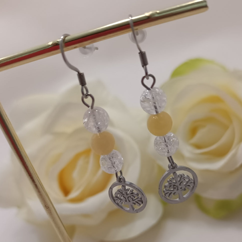 Boucles d’oreilles cristal de roche & calcite orange - acier inoxydable - 5,3 × 1 cm