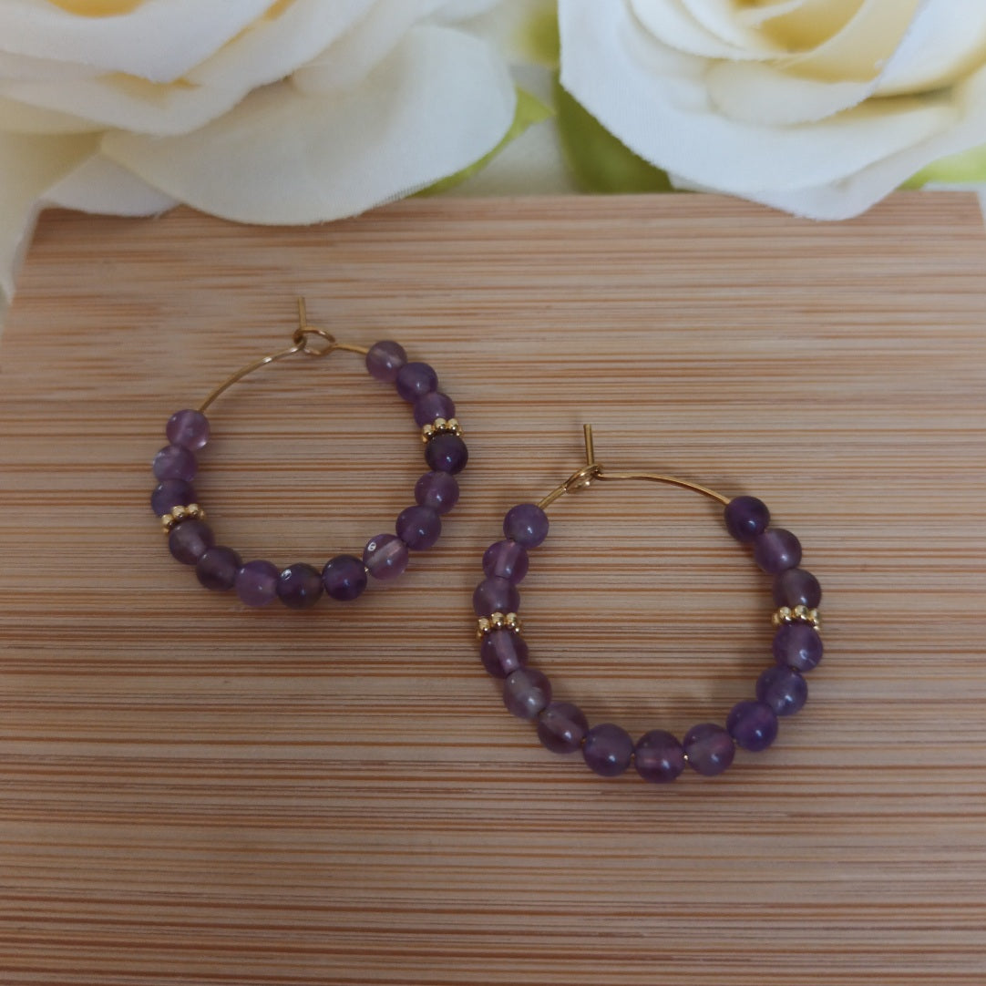 Boucles d’oreilles améthyste - anneaux 2,7 cm - acier inoxydable