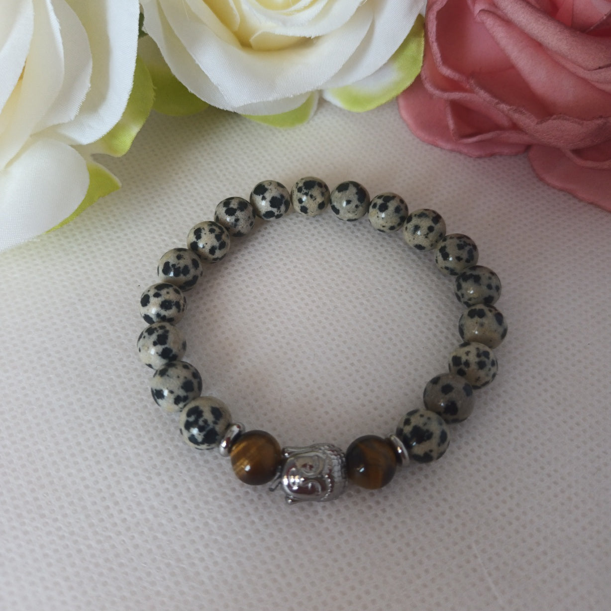 Bracelet jaspe dalmatien et œil de tigre 8 mm - bouddha acier inox - élastique 15,5 cm