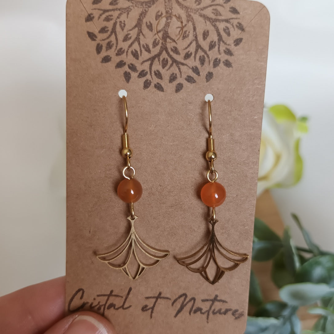 Boucles d’oreilles agate de feu - motif éventail - acier inoxydable - 5 × 2 cm