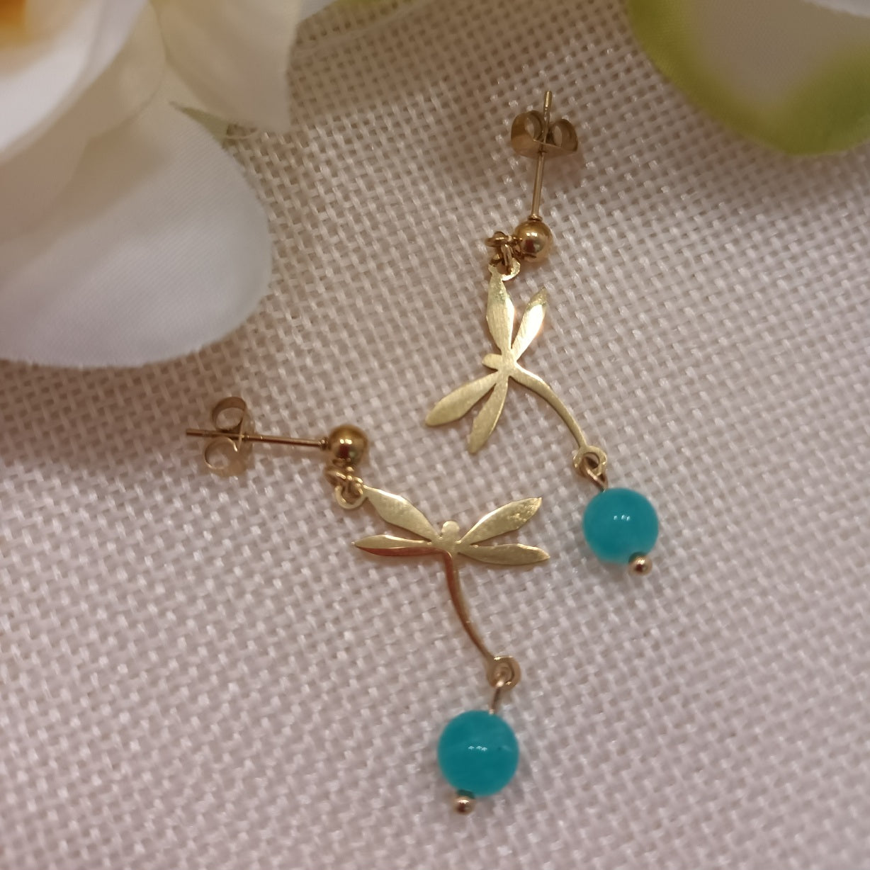 Boucles d’oreilles amazonite - motif libellule - acier inoxydable - 4 × 1,5 cm
