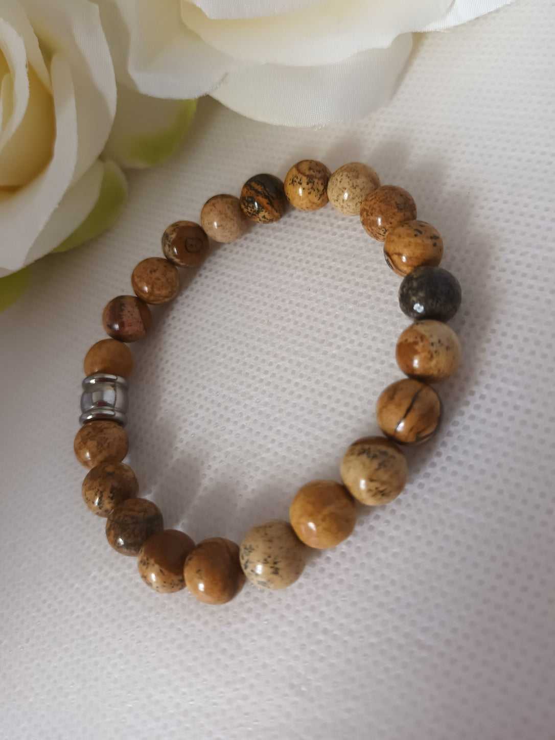 Bracelet jaspe paysage 8 mm - perle acier inox - élastique 15,5 cm