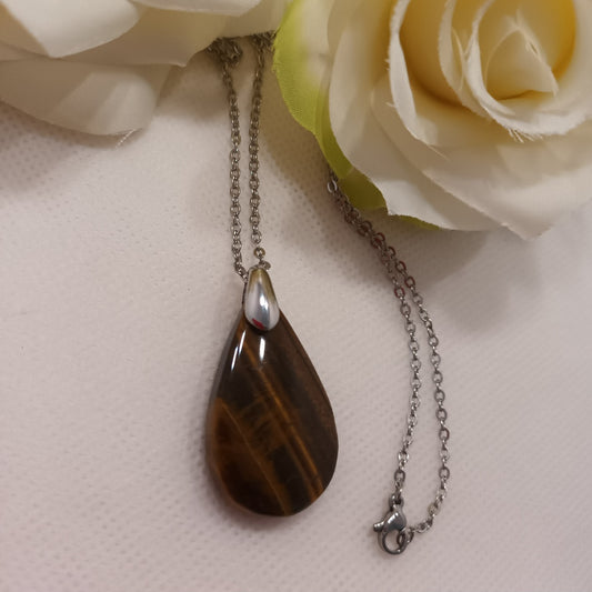 Pendentif œil de tigre - 4 × 2,7 cm - chaîne acier inox argenté