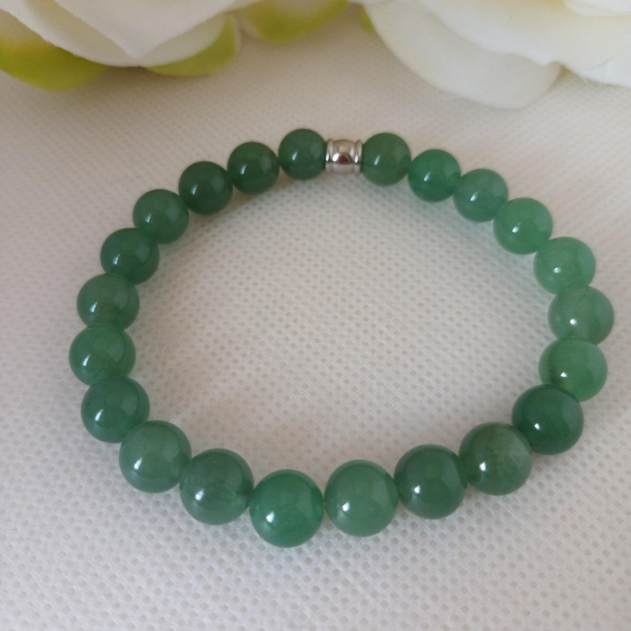 Bracelet aventurine verte 8 mm - perle acier inox - élastique 17 cm