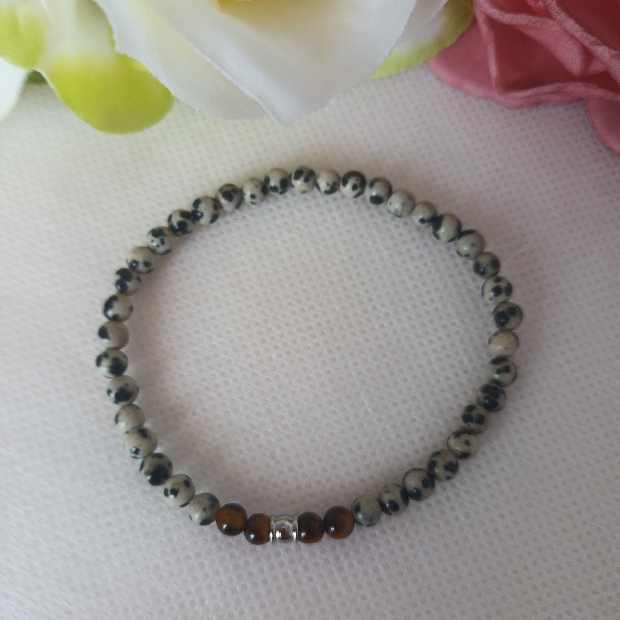 Bracelet jaspe dalmatien et œil de tigre 4 mm - perle inox - élastique 16 cm