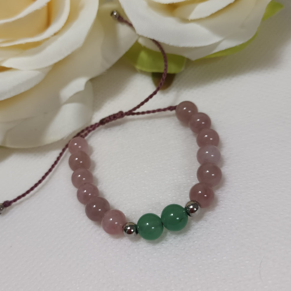 Bracelet quartz rose de Madagascar & 2 perles aventurine verte 6 mm - réglable - enfant
