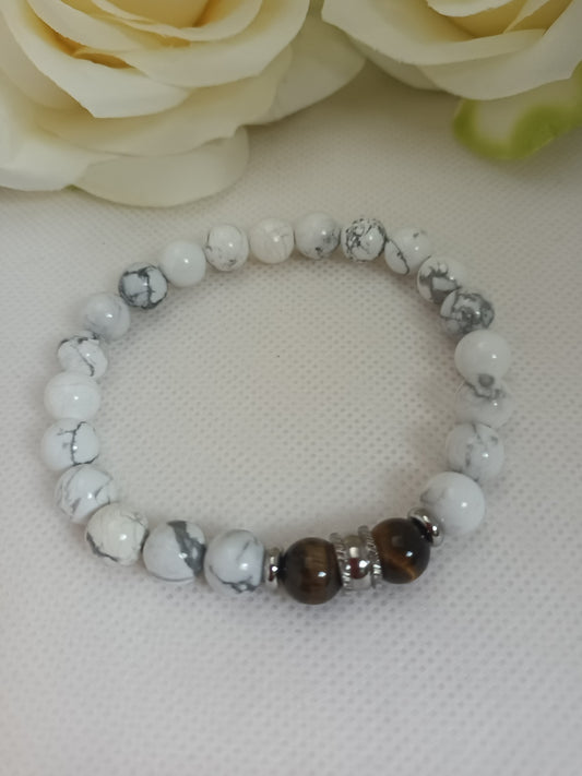 Bracelet howlite et œil de tigre 8 mm - breloques acier inox - élastique 18 cm
